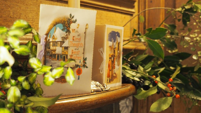 Season's greetings on the mantel at Lamb House